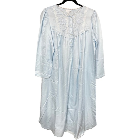 Miss Elaine Other - Miss Elaine Baby Blue Satin Quarter Button Lace Embroidered Night Gown Size L